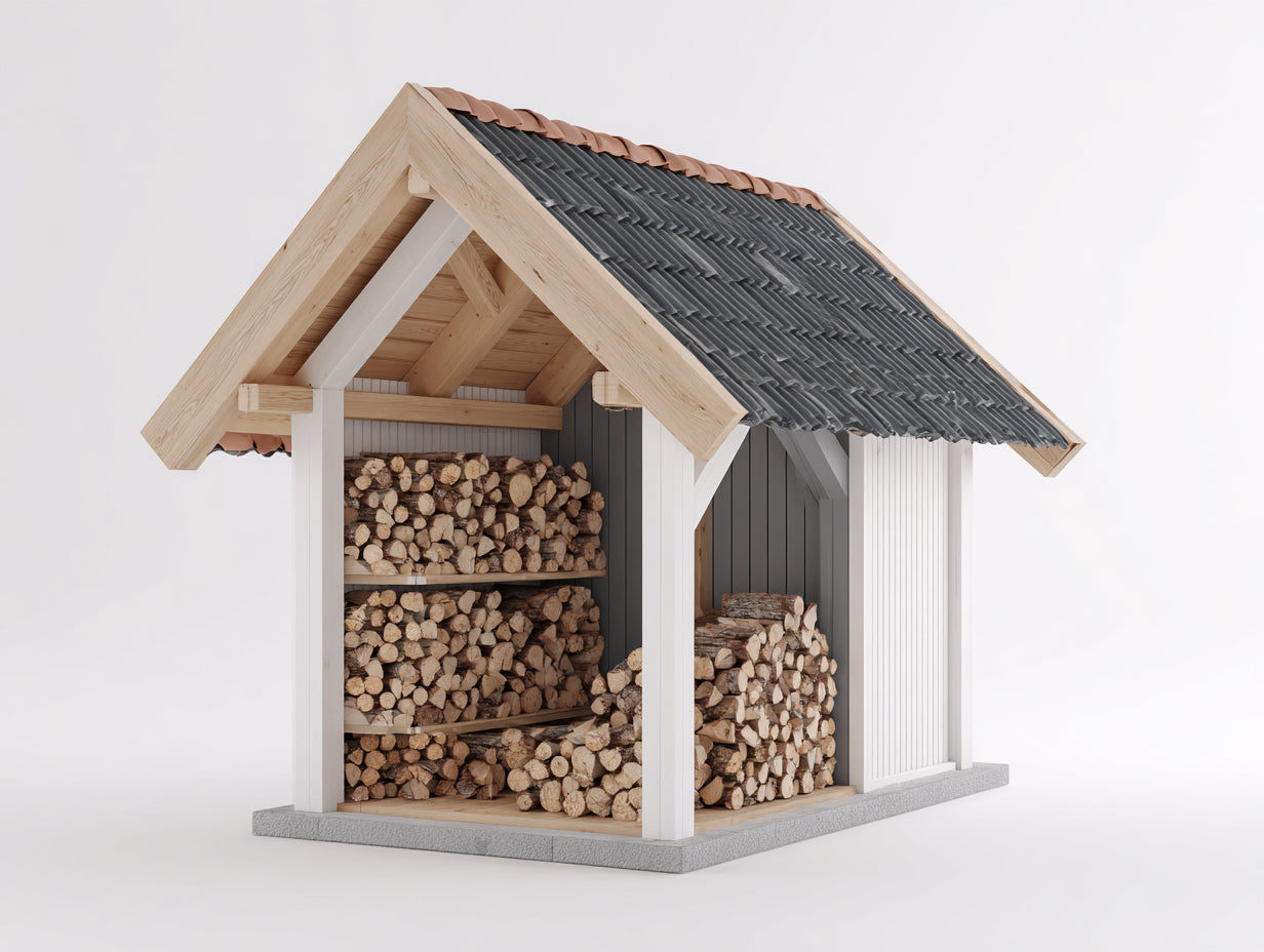 Kaminholzregal - Holz 180 x 120 x 220 cm - Weiß-Naturholz-Dunkelgrau - Für Garten und Terrasse - Landhausdesign mit 3 Lagerebenen und seitlichem Lagerfach
