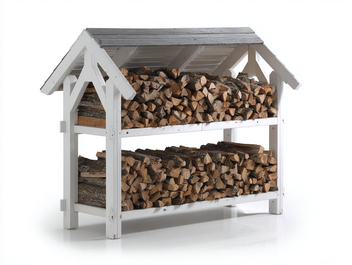 Kaminholzregal - Holz 160 x 60 x 160 cm - Weiß - Für Garten und Terrasse - Landhausdesign mit Satteldach und 2 Lagerebenen