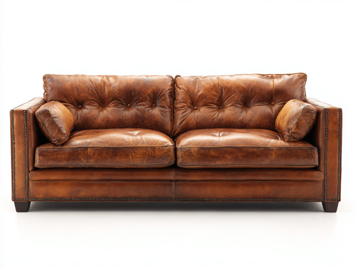 Zweisitzer Sofa - Bezug in Lederoptik 190 x 95 x 88 cm - Cognacbraun - Für Wohnzimmer - Vintage Design mit Knopfheftung und Ziernagelbesatz
