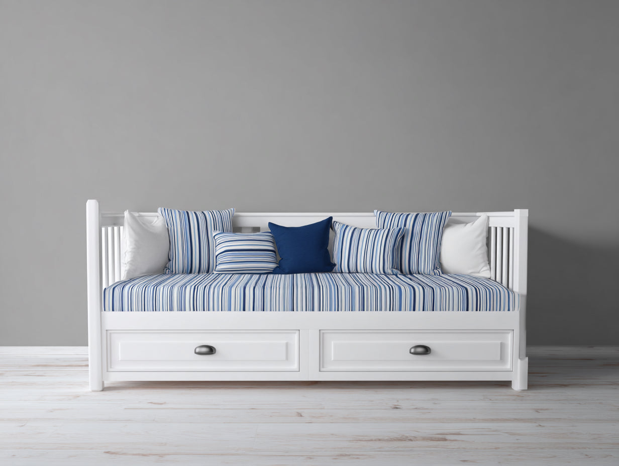 Schlafsofa aus Holz und Stoff 205x95x86 cm - Weiß-Blau - mit zwei Schubladen für Wohnbereich
