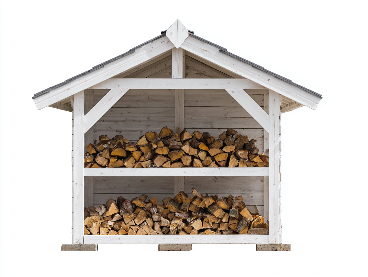 Kaminholzregal Holzrahmen mit Satteldach 200x80x190 cm - Weiß-Natur-Grau - überdachte Brennholzlagerung für Garten