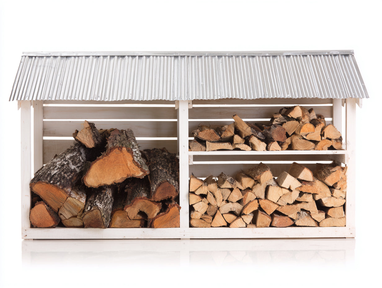 Kaminholzregal aus Holz und Metall 180x60x120 cm - Weiß-Silber - Überdachtes Design für Garten