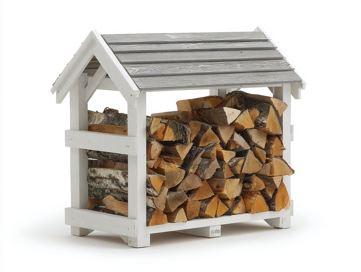 Kaminholzregal - Holz 120 x 55 x 135 cm - Weiß - Für Garten und Terrasse - Landhausdesign mit Satteldach und offener Lagerfläche