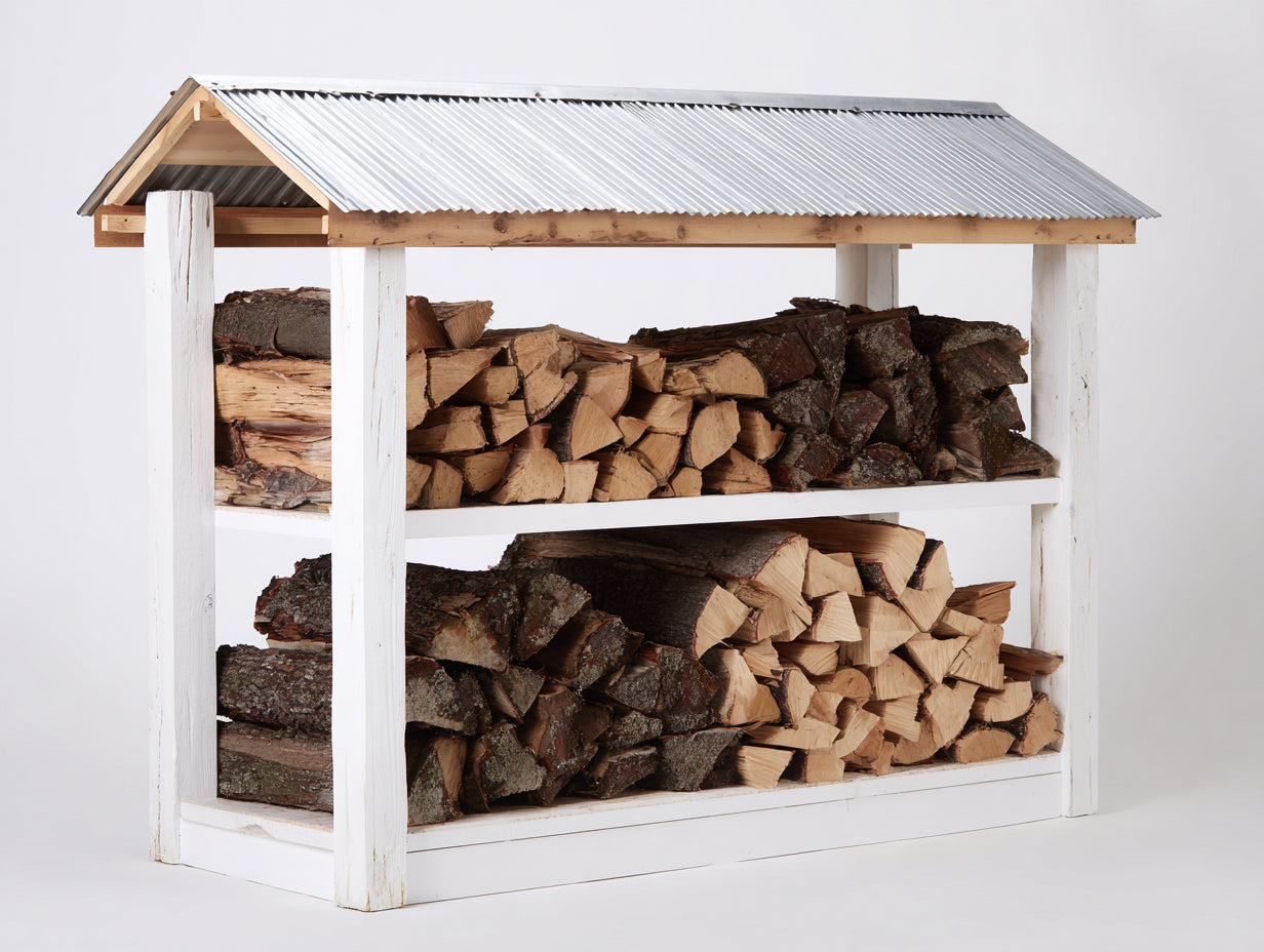 Kaminholzregal Holzrahmen mit Metalldach 210x60x150 cm - Weiß-Natur-Silber - überdachte Lagerung für Garten