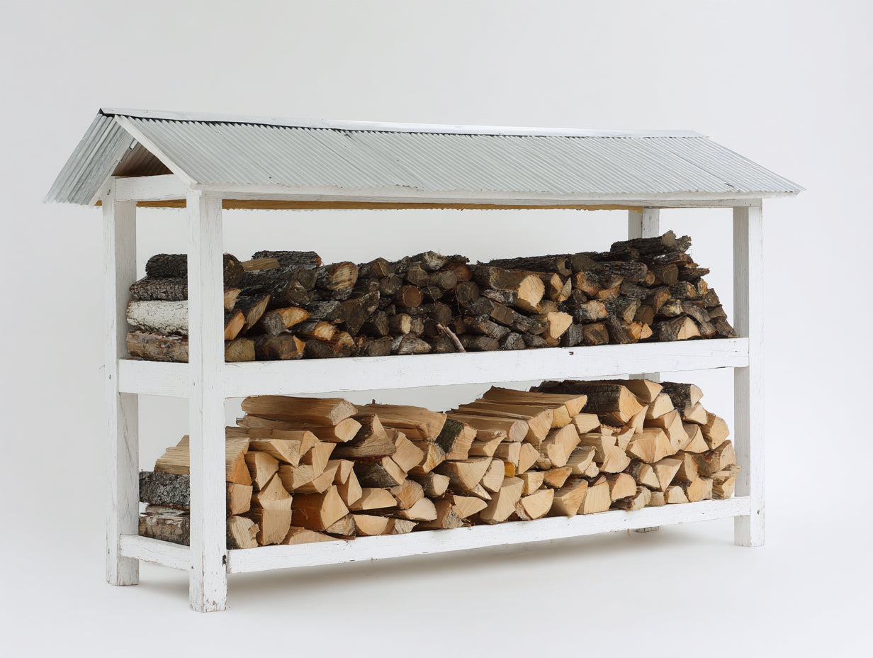 Kaminholzregal Holz 220x60x150 cm - Weiß - überdacht mit zwei Ebenen