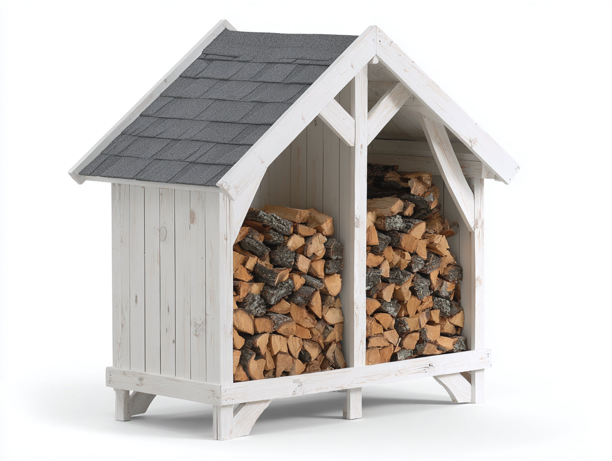 Kaminholzregal aus Holz mit Bitumendach 160x80x170 cm - Weiß-Grau - Hausförmiges Design für Garten
