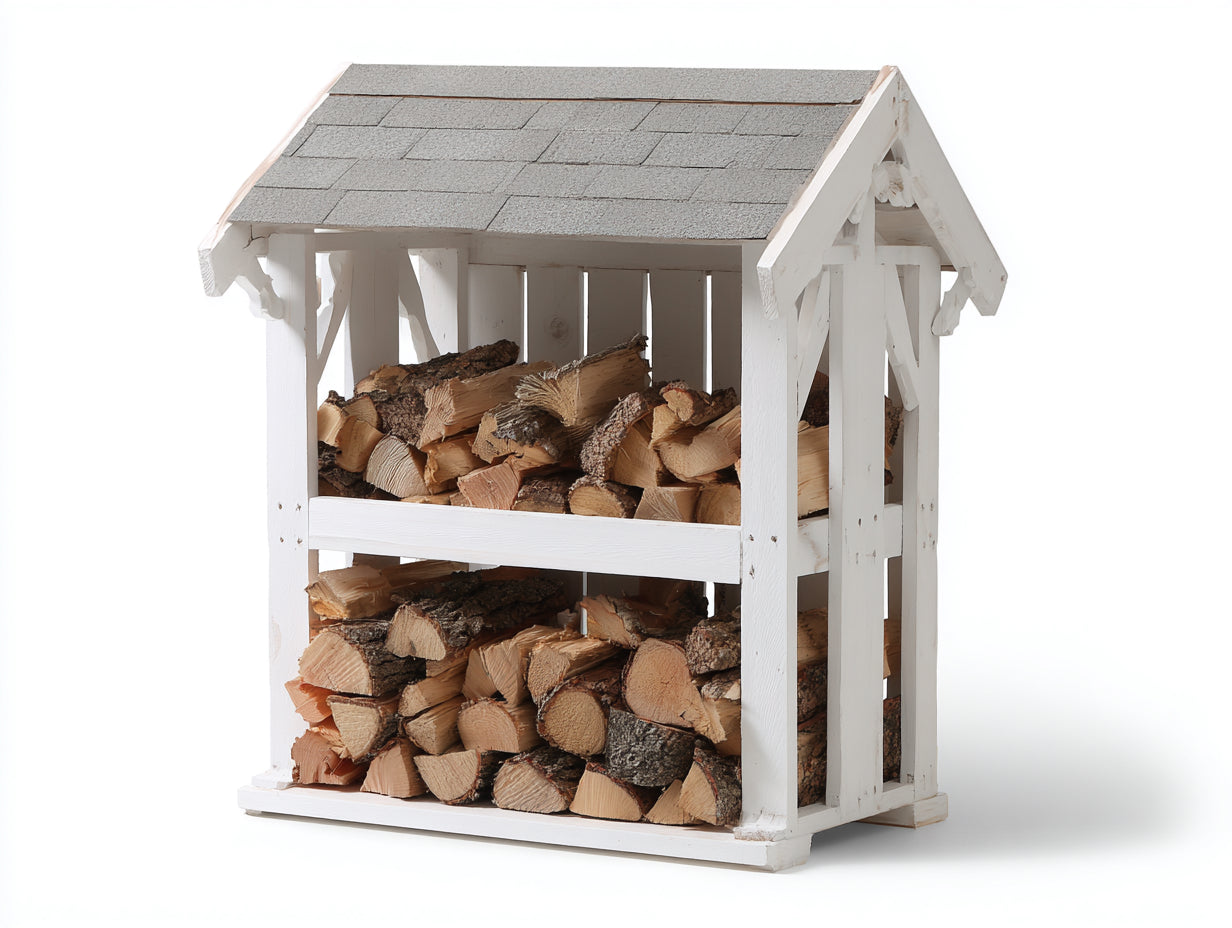 Kaminholzregal - Holz 100 x 50 x 150 cm - Weiß - Für Garten und Terrasse - Landhausdesign mit Satteldach und 2 Lagerebenen