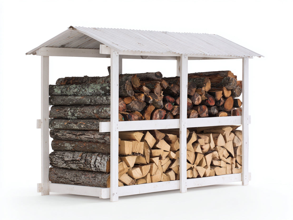 Kaminholzregal aus Holz und Metall 200x65x150 cm - Weiß - Überdachtes Design für Garten