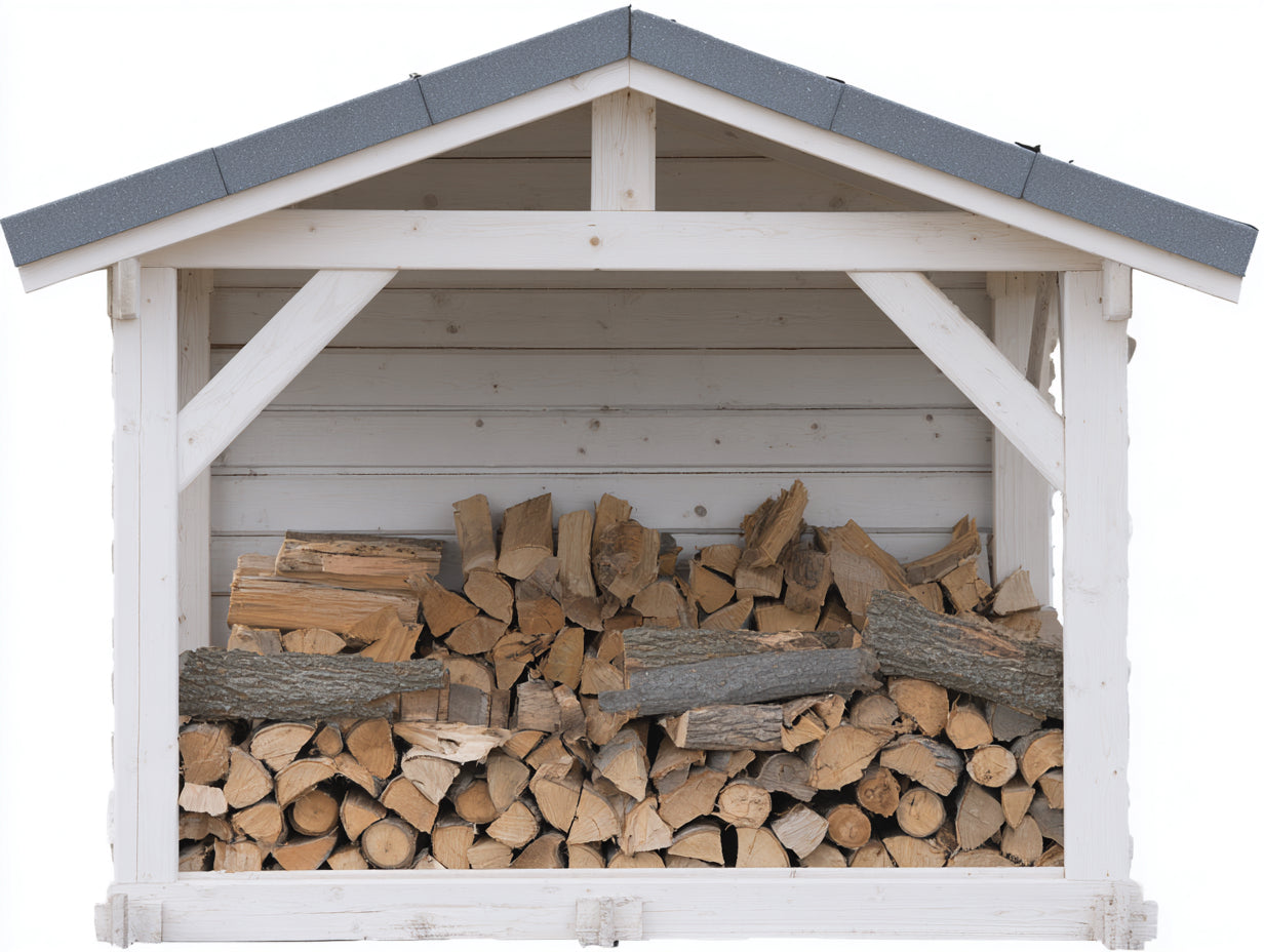 Kaminholzregal Holz 210x70x155 cm - Weiß-Grau - mit Satteldach